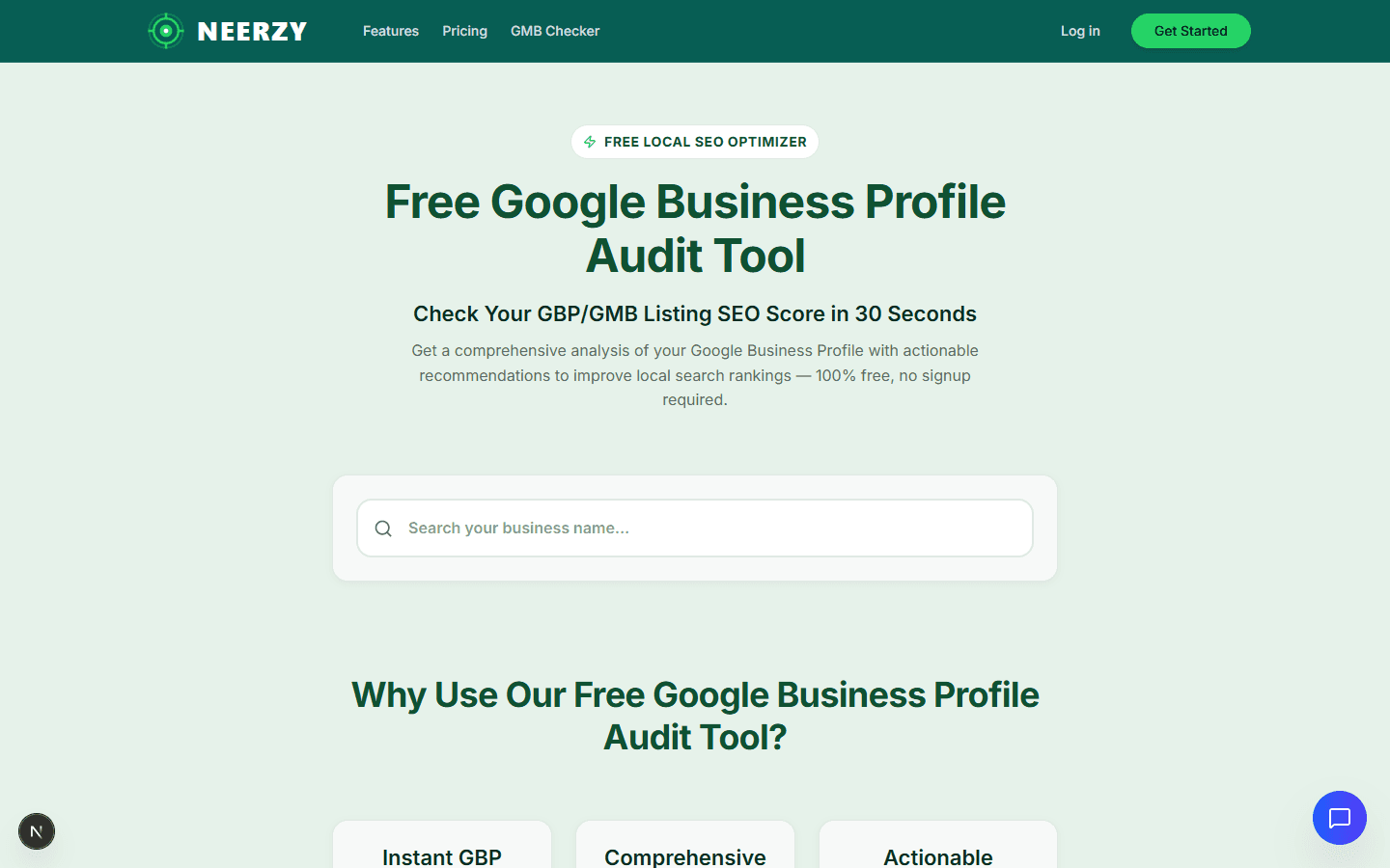 Screenshot of the Neerzy audit landing page showing a Google Maps URL input field.